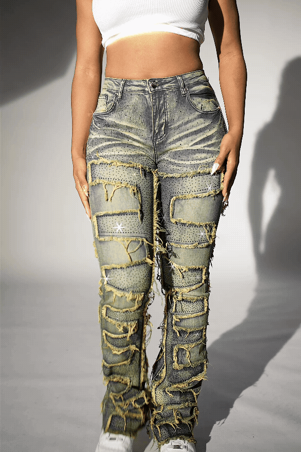 Zariyah Tinted Dark Wash Rhinestone Stacked Flare Jean