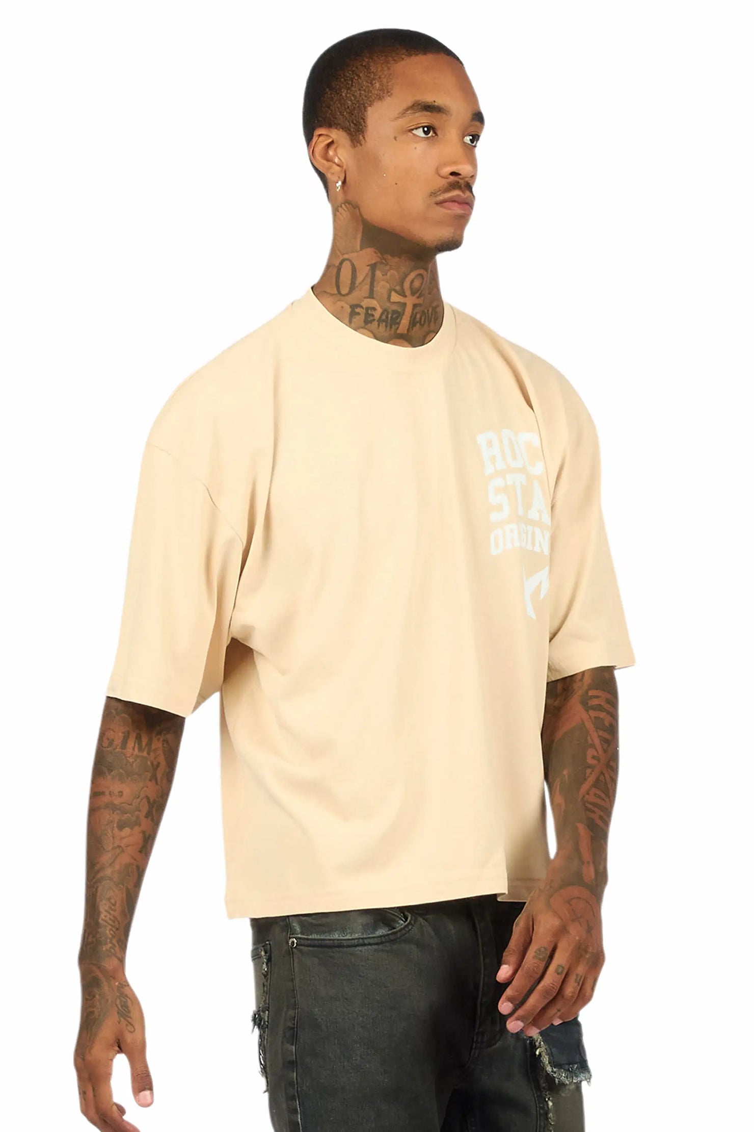 Gerrit Beige/White Boxy Crop T-Shirt