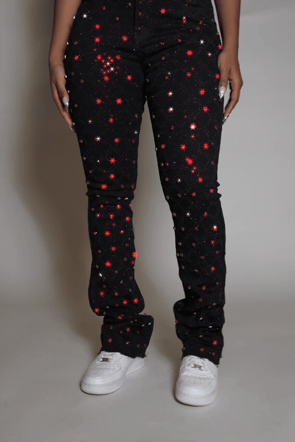 Sareka Black/Red Rhinestone Stacked Flare Jean
