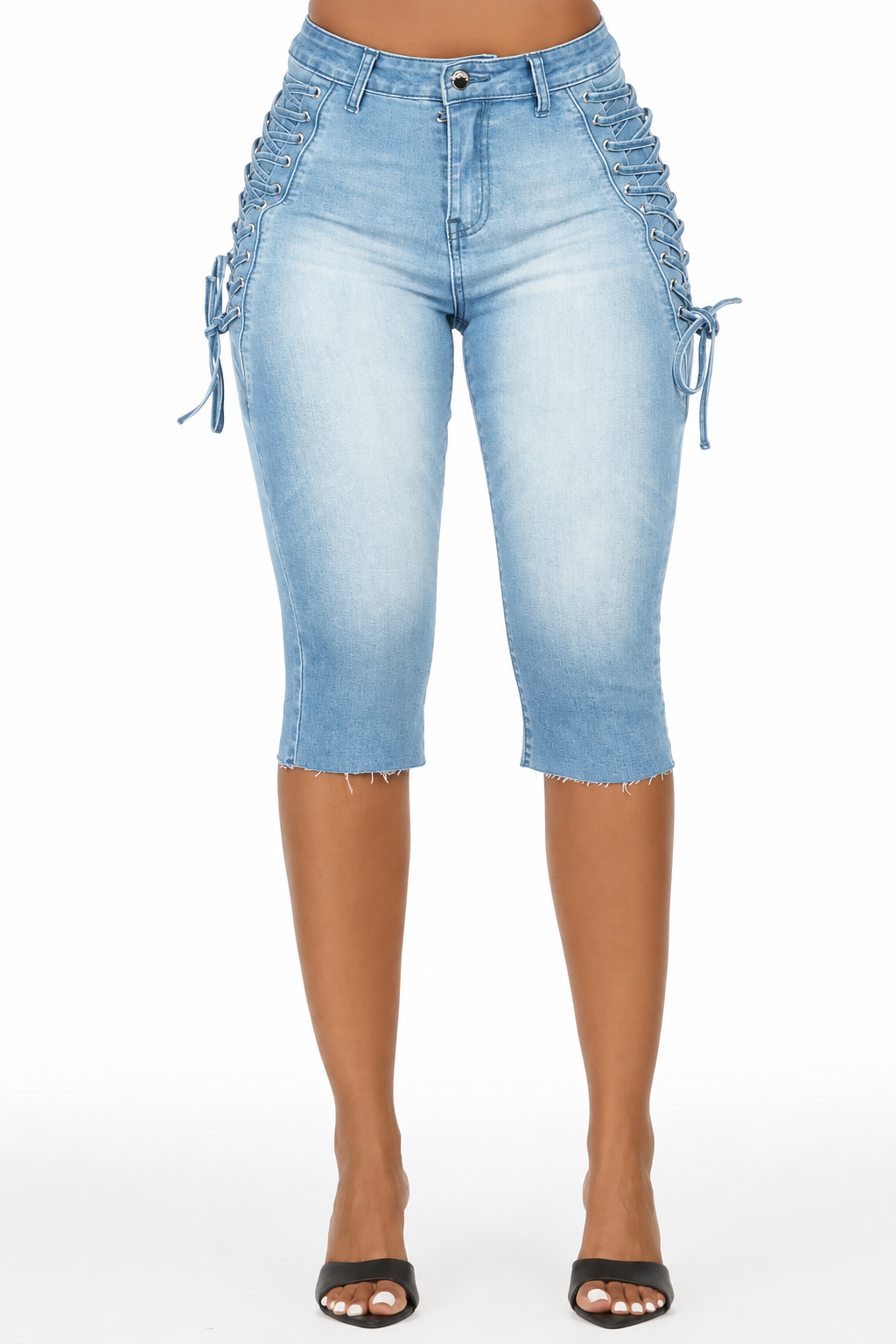 Brittani Light Wash Denim Lace Up Capri