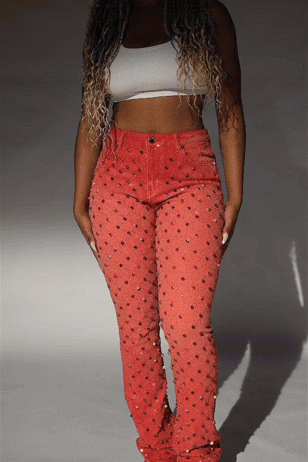 Sareka Red Rhinestone Stacked Flare Jean