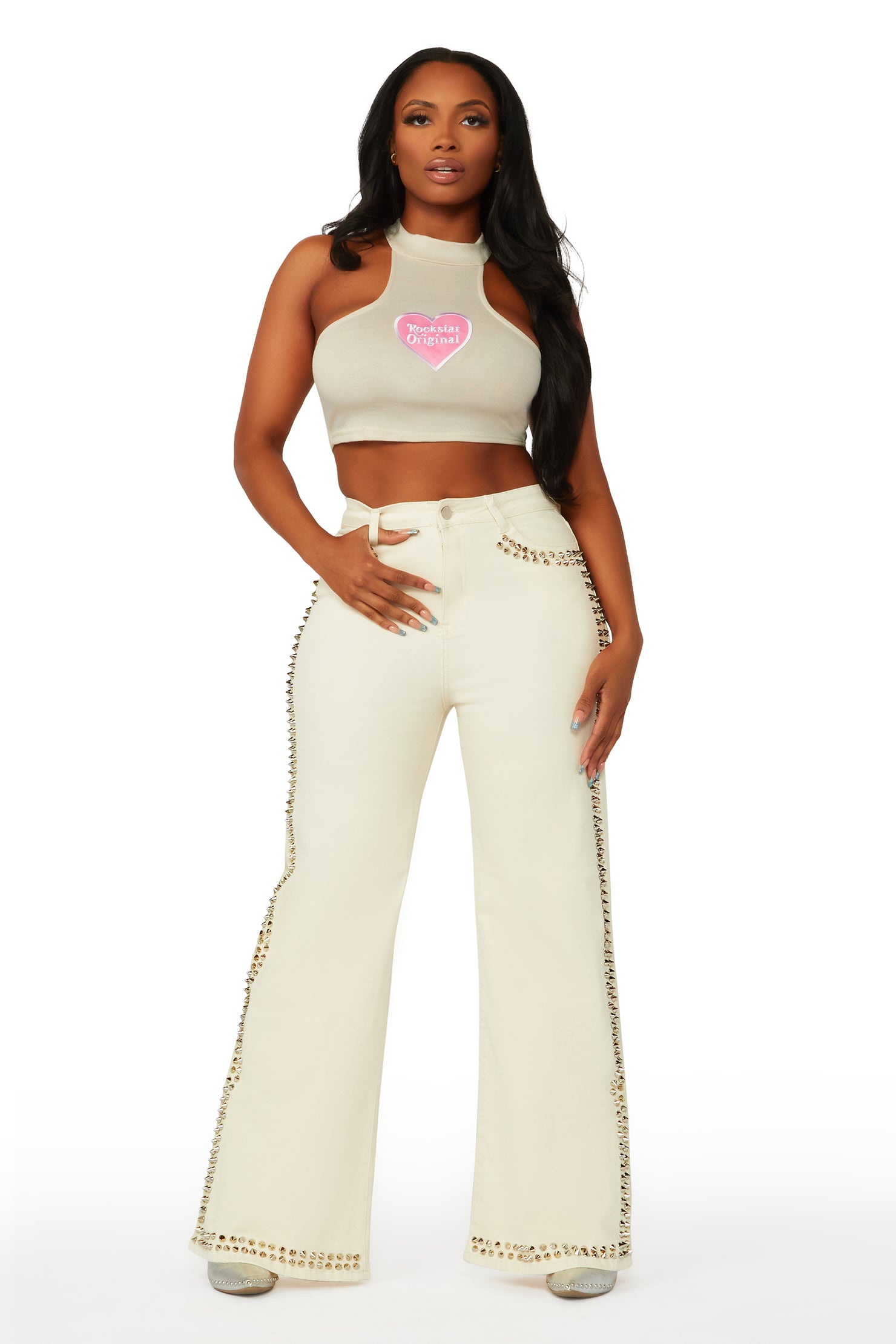 Leila Beige Studded Wide Leg Jean