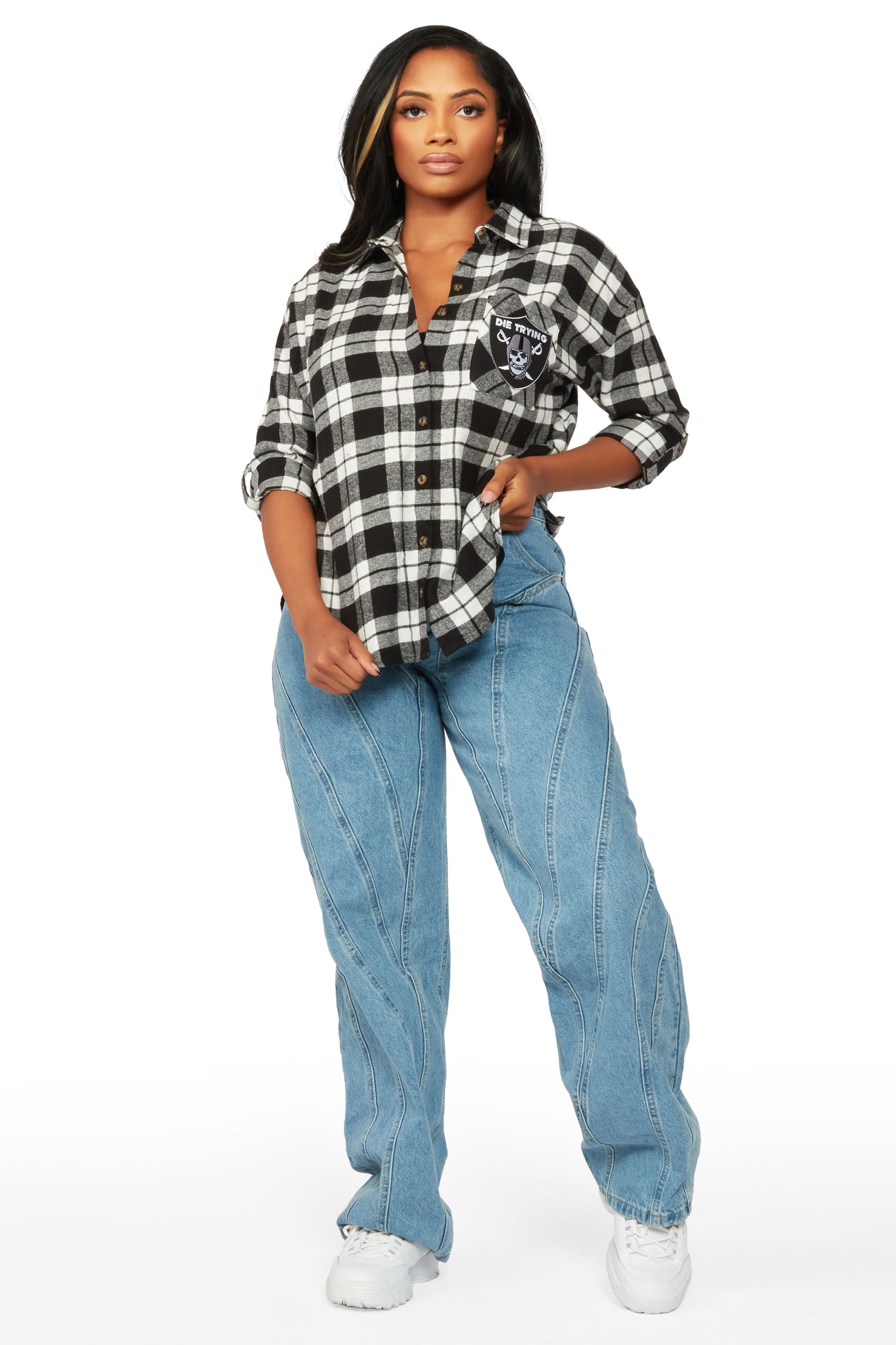 Rockstar Raider Black/White Plaid Button Up