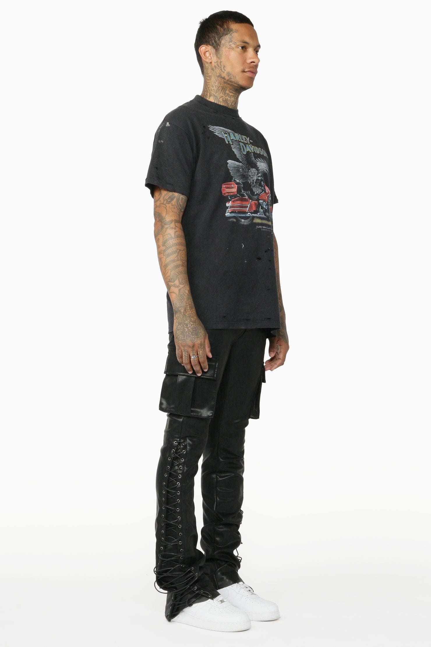 Honor Black Faux Leather Stacked Flare Jean