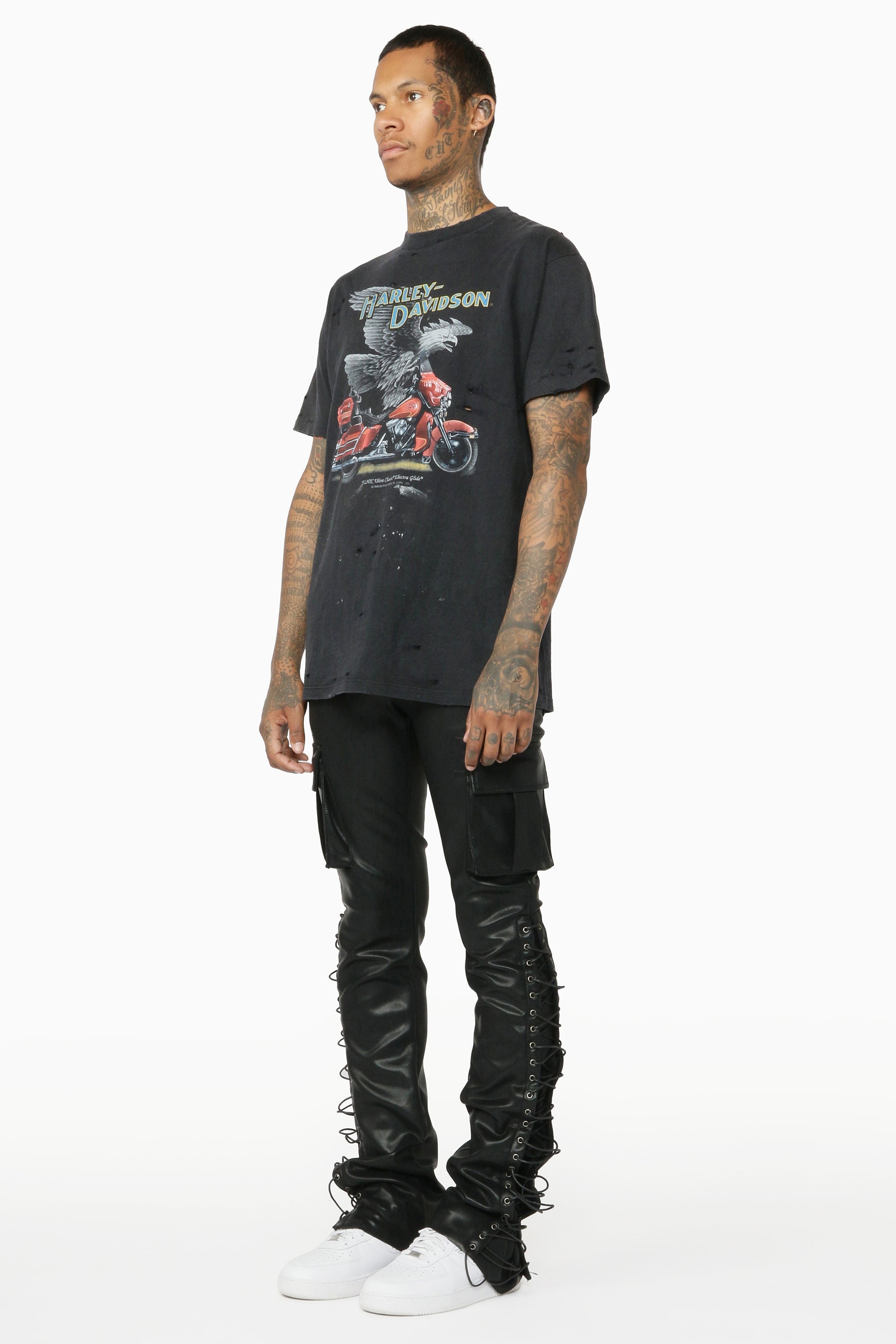 Honor Black Faux Leather Stacked Flare Jean