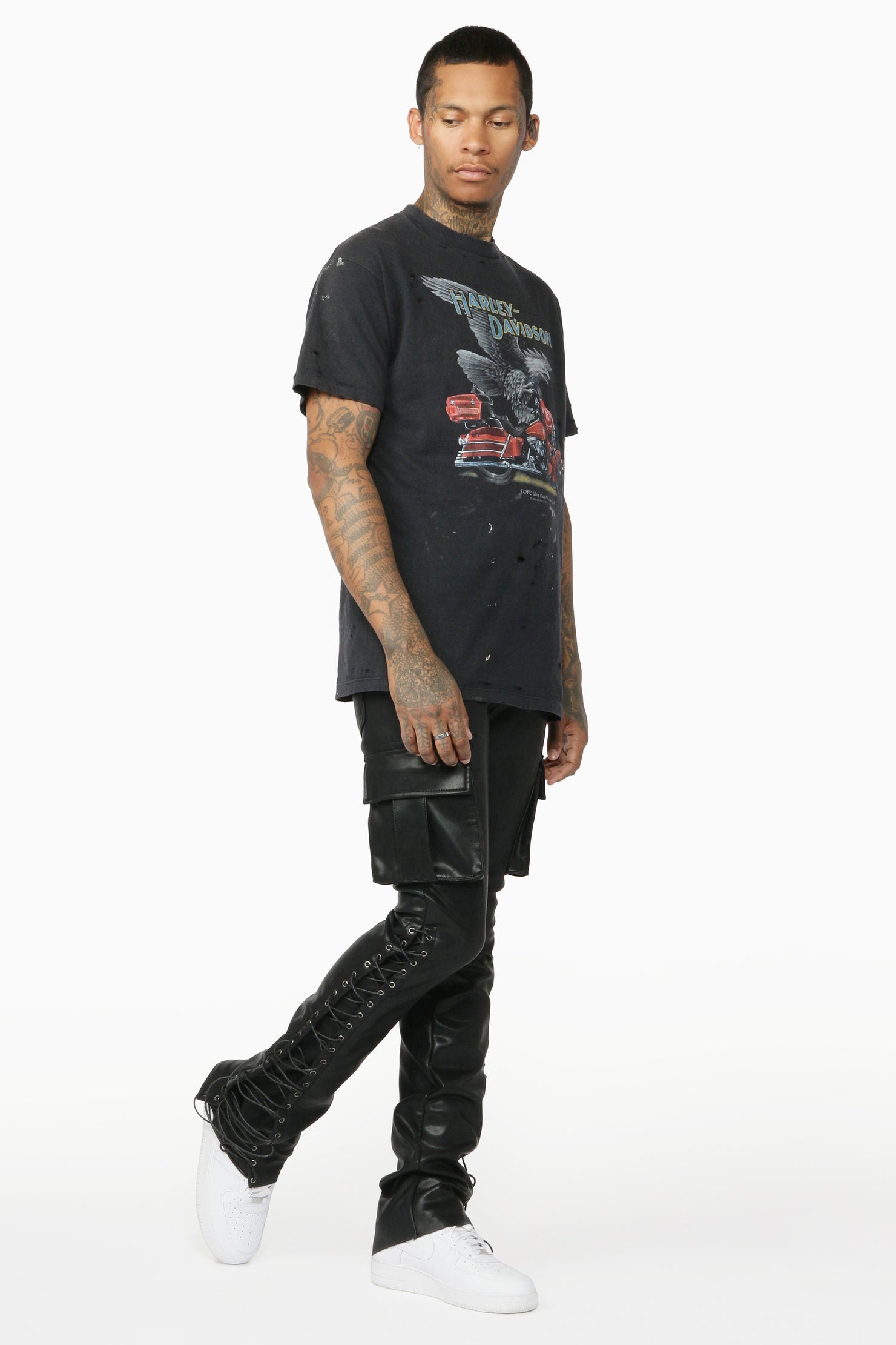 Honor Black Faux Leather Stacked Flare Jean