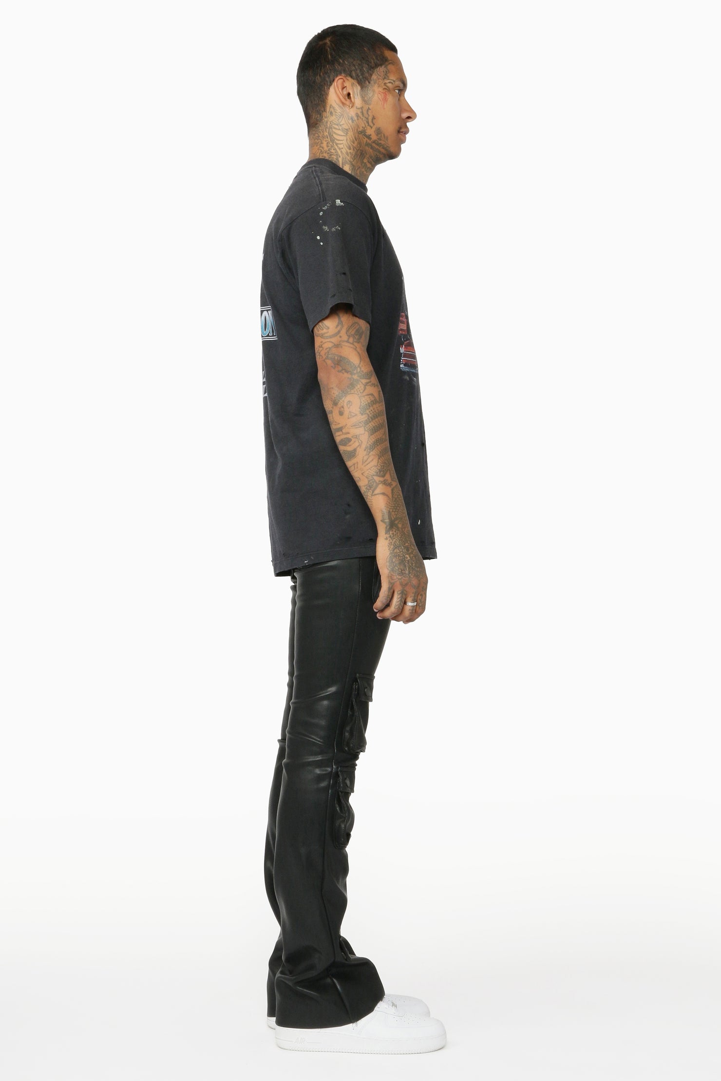 Remi Black Faux Leather Stacked Flare Jean