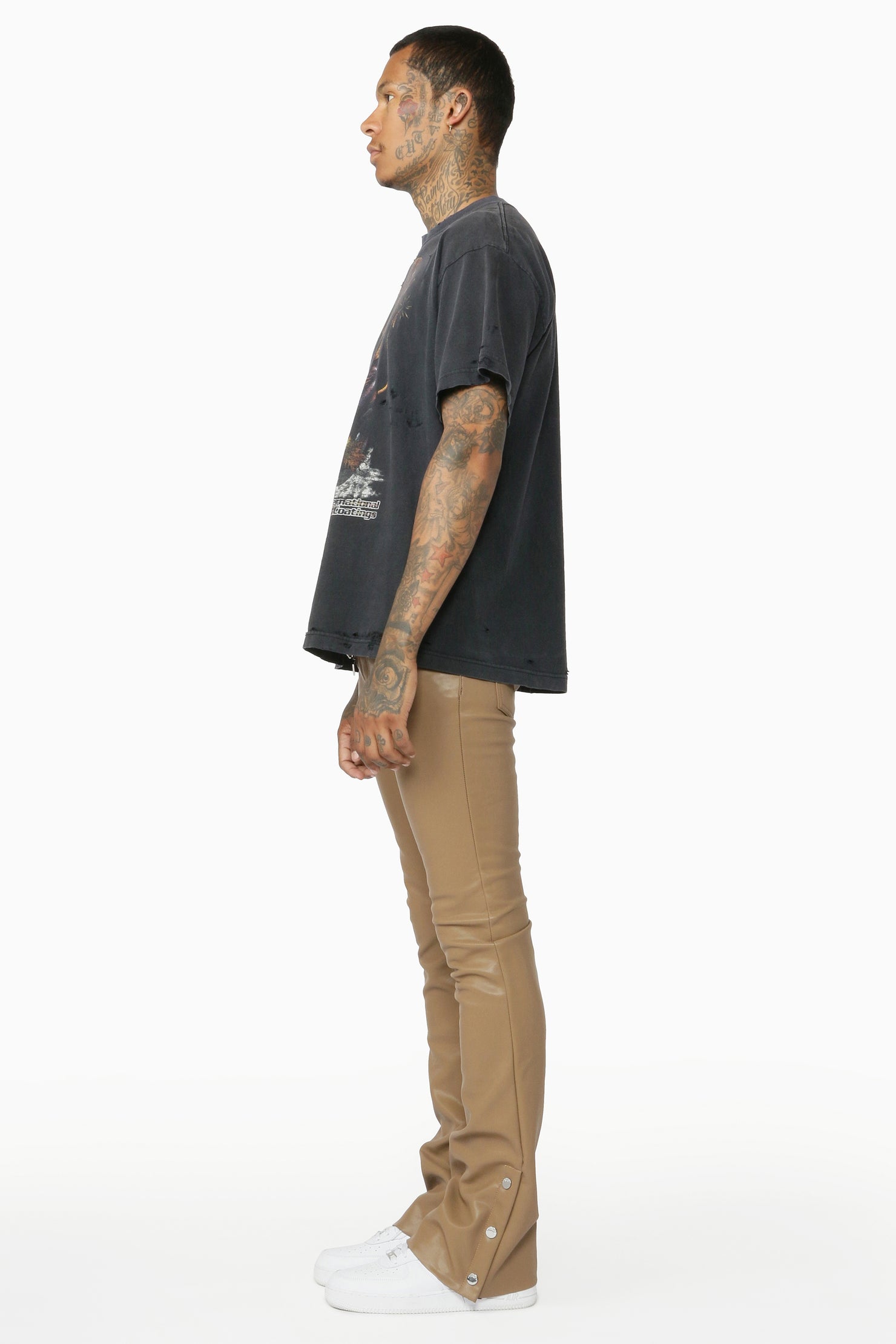 Ennis Beige PU Stacked Flare Jean