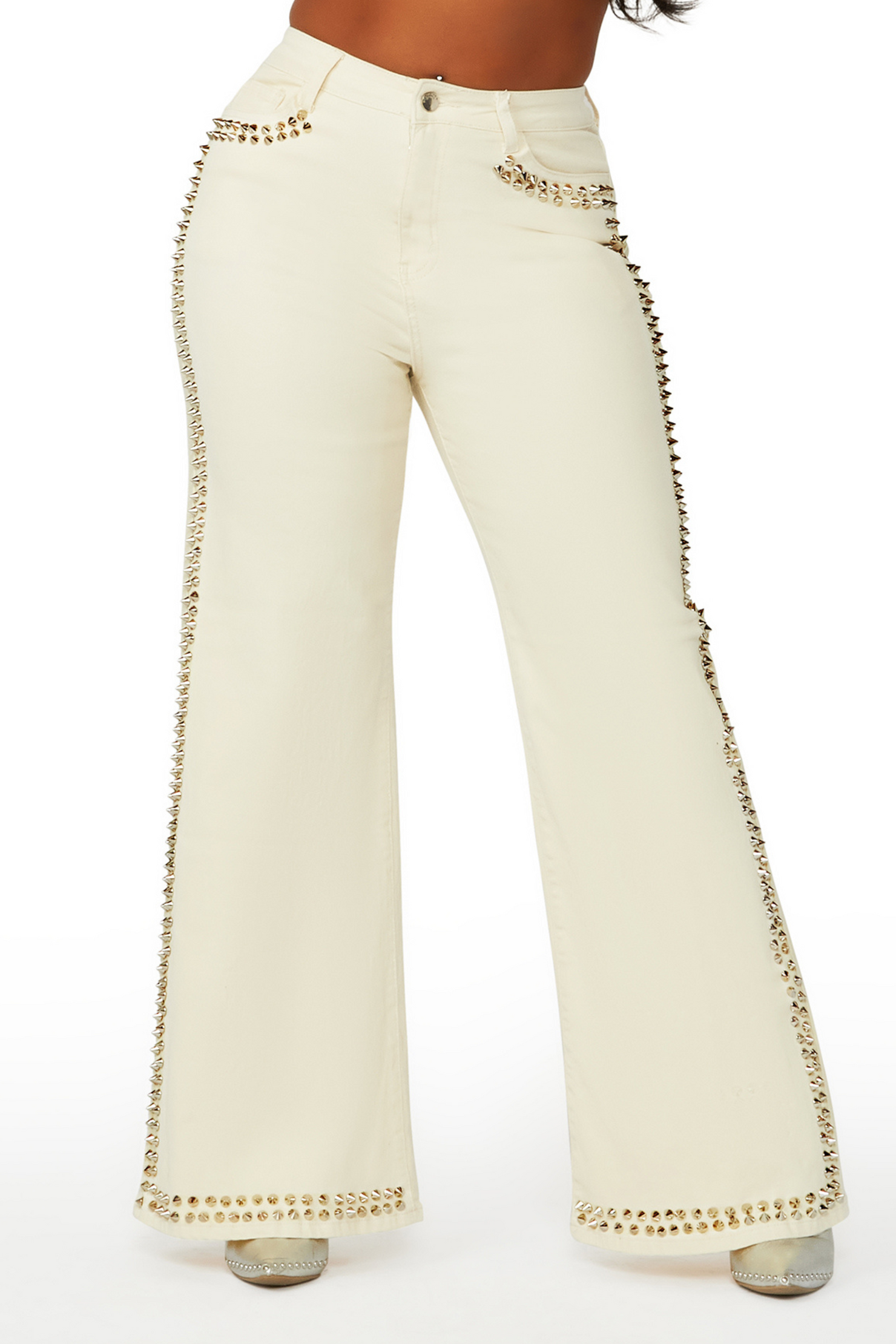Leila Beige Studded Wide Leg Jean